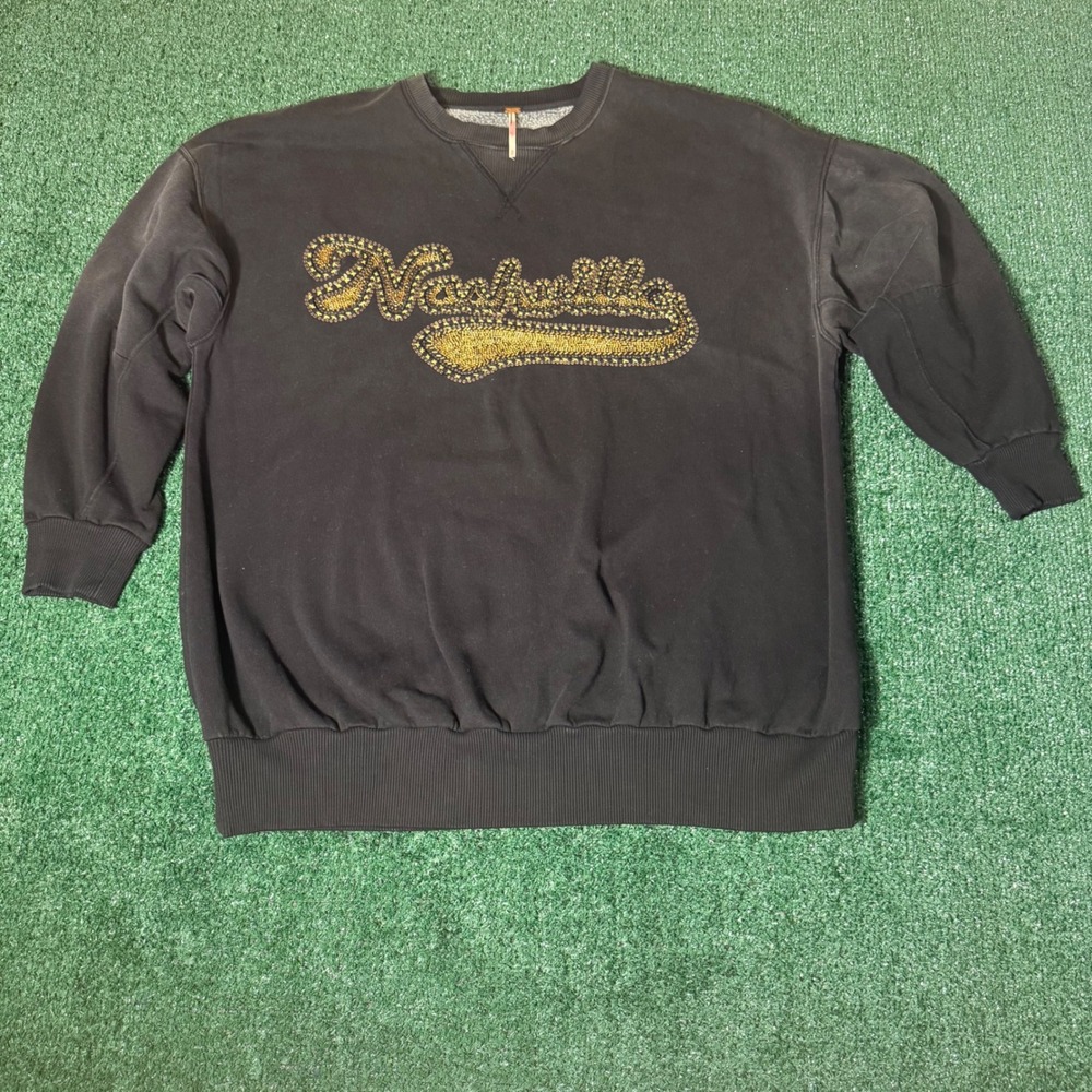 Free People Nashville Beaded Sweatshirt Black Gold Oversized Pullover S